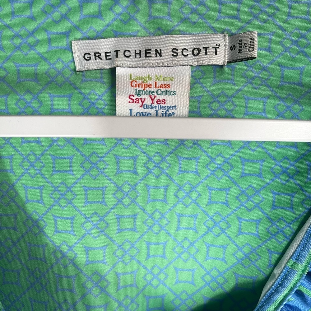 Gretchen Scott Ruffle Neck Blue and Green Print Dress Size S - Picture 4 of 5